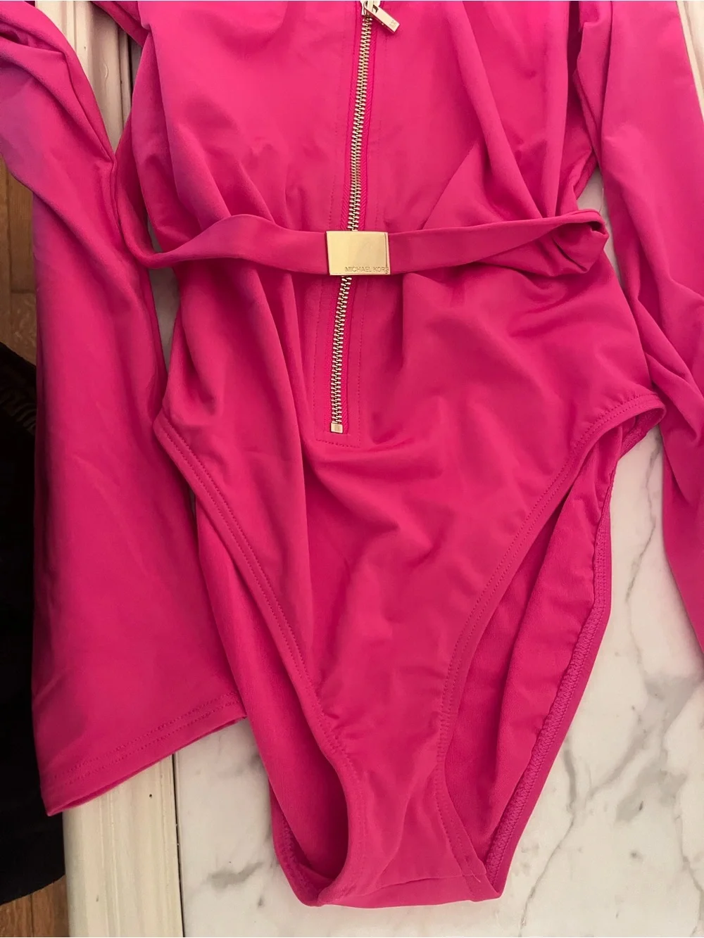 Michael Kors Hot Pink Long-Sleeve One-Piece with Gold Zip and Belt Accent